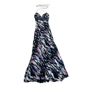 Camille la Vie BLACK BLUE MULTI COLOR STRIPES BEADED PROM FORMAL GOWN DRESS 4